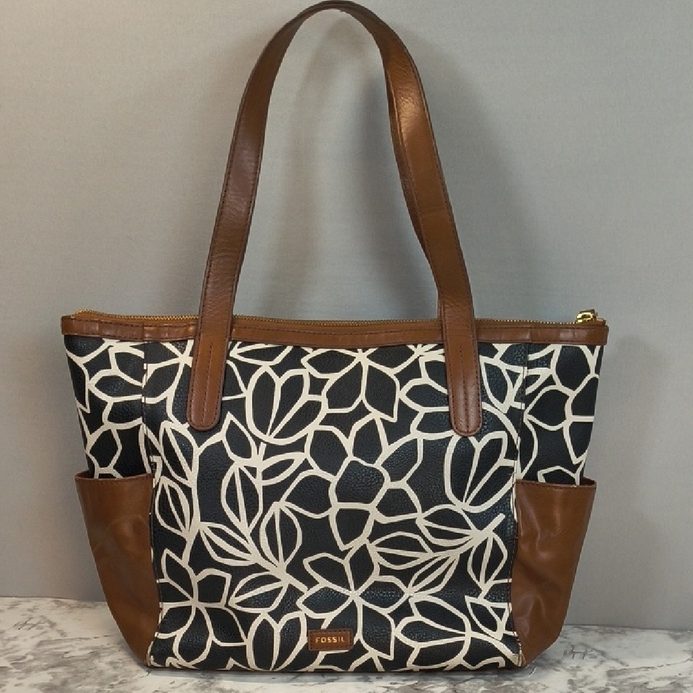 Fossil Mimi Shopper tote bag  black / white floral pattern with brown accents